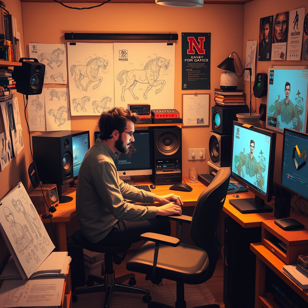 Indie-Spieleentwickler arbeitet an seinem Computer in einem kleinen Studio, umgeben von Konzeptzeichnungen und Gaming-Equipment, warmes Licht, kreative Atmosphäre