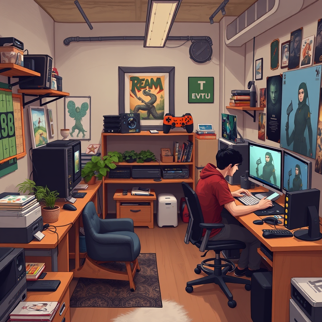 Ein kleines Indie-Spieleentwicklungsstudio mit Entwicklern, die an Computern arbeiten, umgeben von Konzeptzeichnungen und Gaming-Equipment