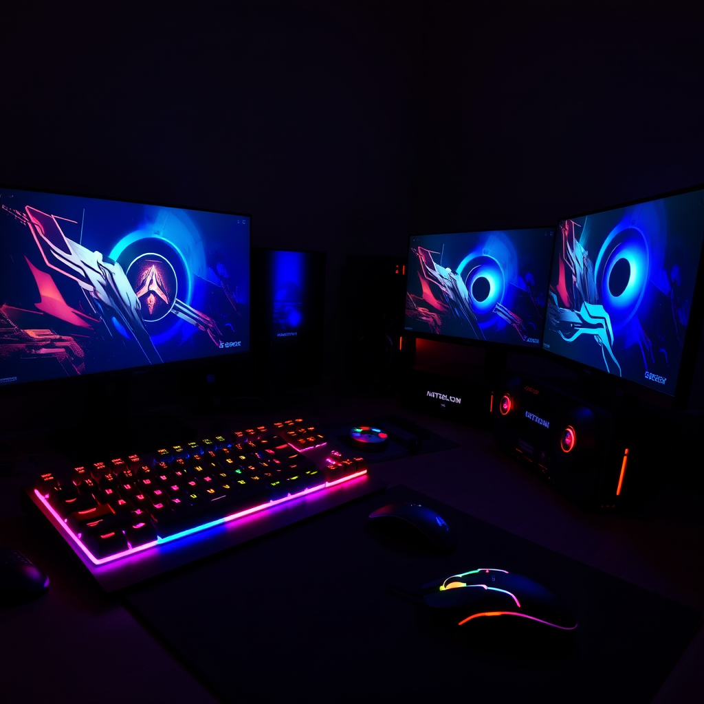 Modernes Gaming-Setup mit RGB-beleuchteter mechanischer Tastatur, Gaming-Maus, mehreren Monitoren und leistungsstarker Grafikkarte in einem dunklen Gaming-Zimmer