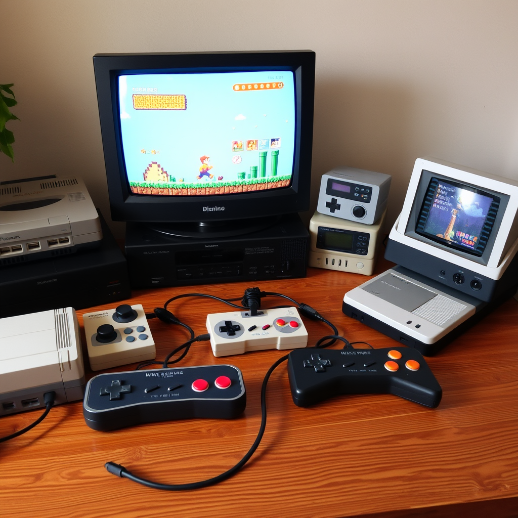 Nostalgisches Gaming-Setup mit klassischen Konsolen, Pixel-Art-Spielen auf einem CRT-Monitor und 8-Bit-Controller auf einem Holztisch