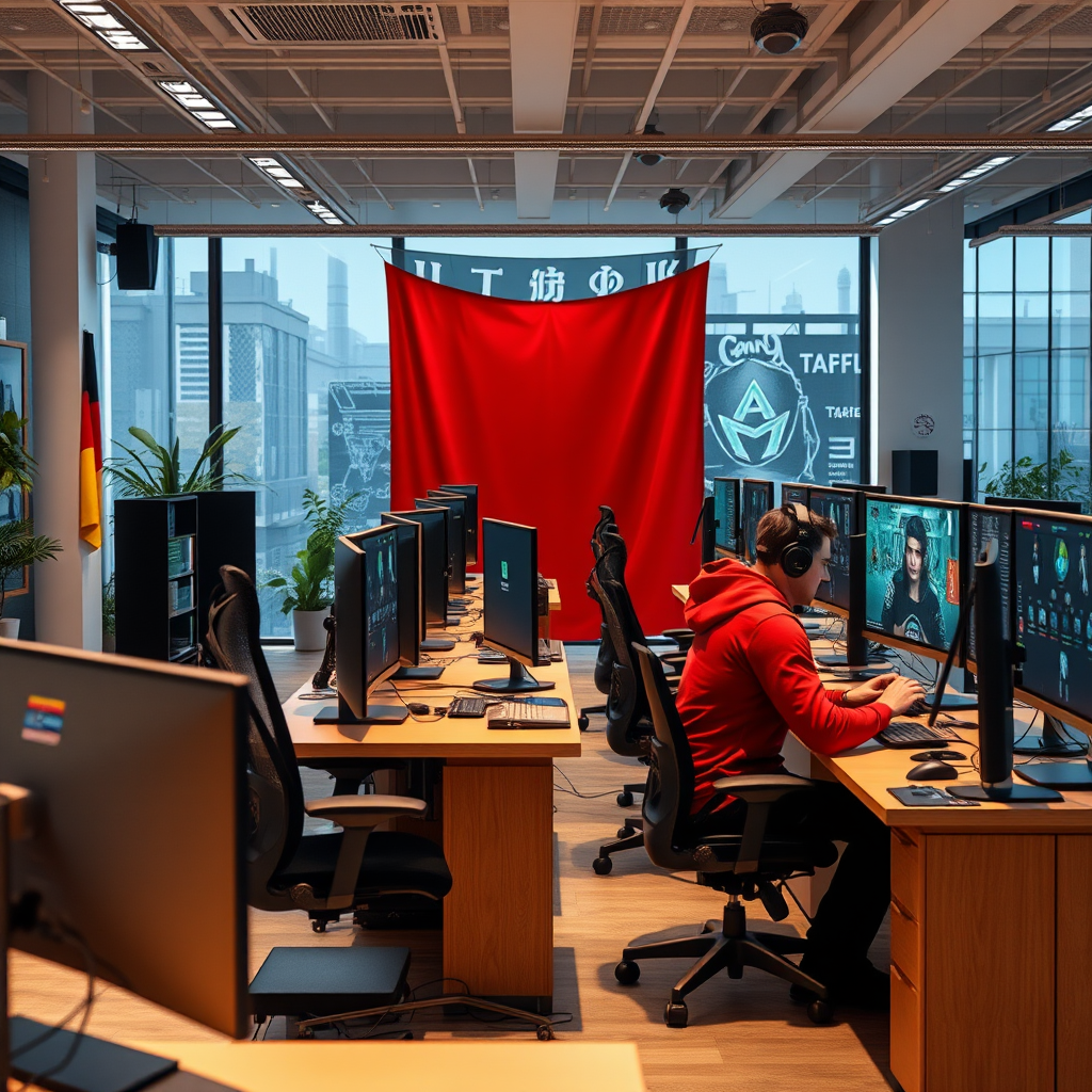 Moderne deutsche Gaming-Studios mit Entwicklern an Arbeitsplätzen, die an innovativen Spielen arbeiten, deutsche Flagge im Hintergrund