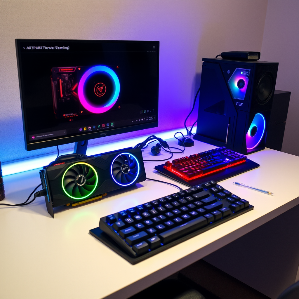 Moderne Gaming-Hardware Setup mit RGB-beleuchteter Grafikkarte, Gaming-Monitor und mechanischer Tastatur auf einem sauberen Schreibtisch, professionelle Beleuchtung