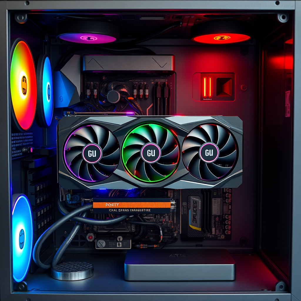 Moderne High-End-Grafikkarte mit RGB-Beleuchtung und drei Lüftern in einem offenen PC-Gehäuse, umgeben von anderen Gaming-Komponenten