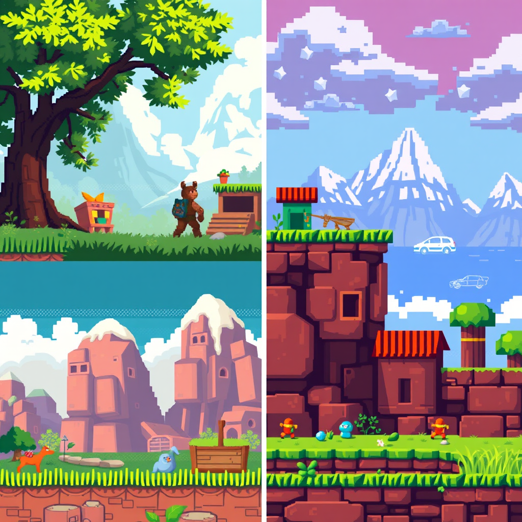 Vergleich zwischen modernen hochauflösenden Spielgrafiken und klassischen Pixel-Art-Designs, die die künstlerische Entwicklung der Gaming-Industrie zeigen