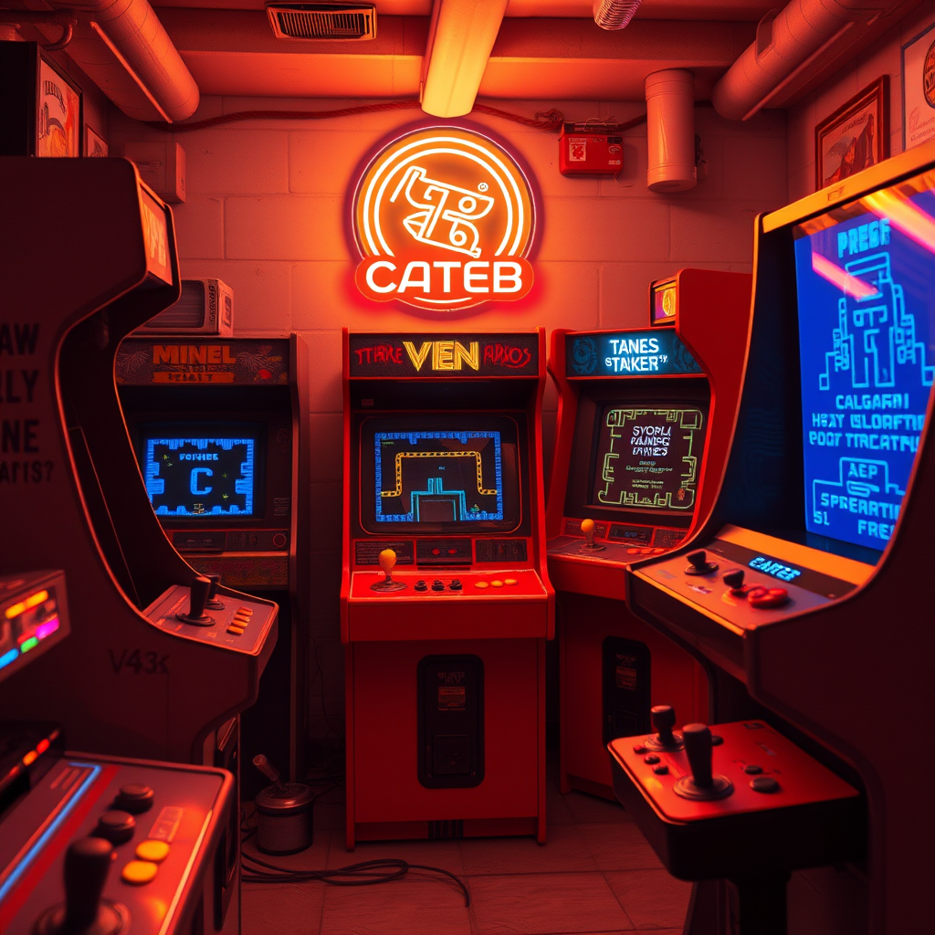 Nostalgische Retro-Gaming-Szene mit klassischen Arcade-Automaten, Pixel-Art-Grafiken auf Bildschirmen und vintage Gaming-Controller, warme 80er Jahre Neonbeleuchtung