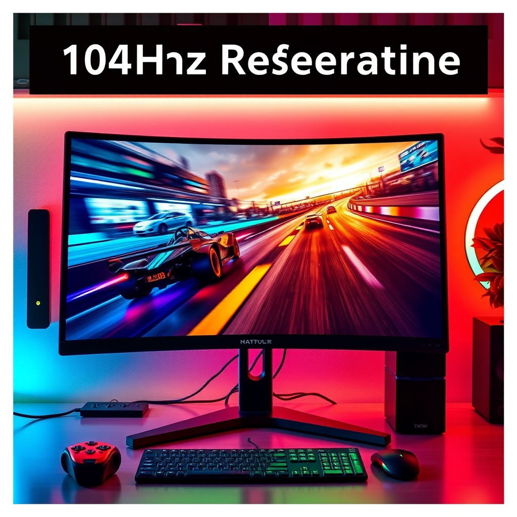 Curved Gaming-Monitor mit 144Hz Bildwiederholrate zeigt ein farbenfrohes Rennspiel, umgeben von RGB-Beleuchtung und Gaming-Peripherie