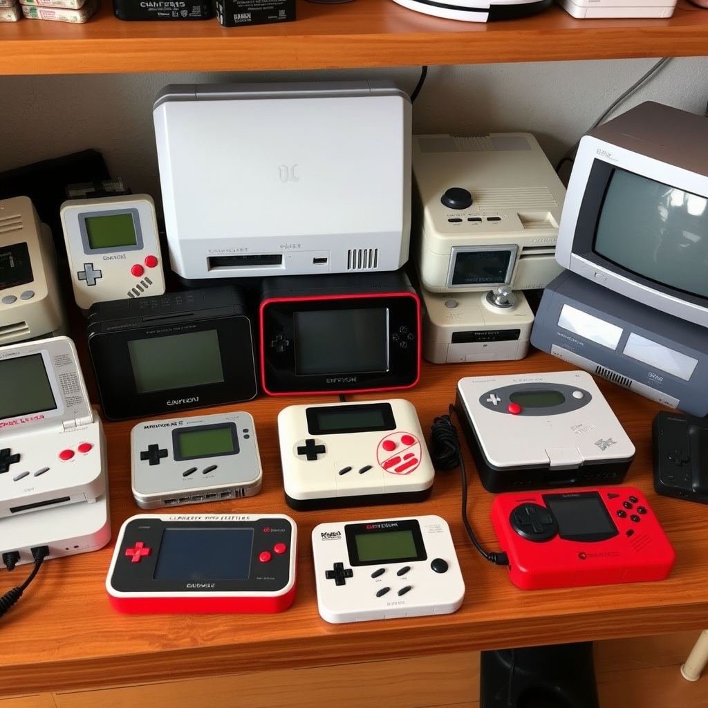 Verschiedene Retro-Gaming-Plattformen und Konsolen arrangiert auf einem Gaming-Desk, inklusive klassischer Handheld-Geräte und moderner Retro-Konsolen