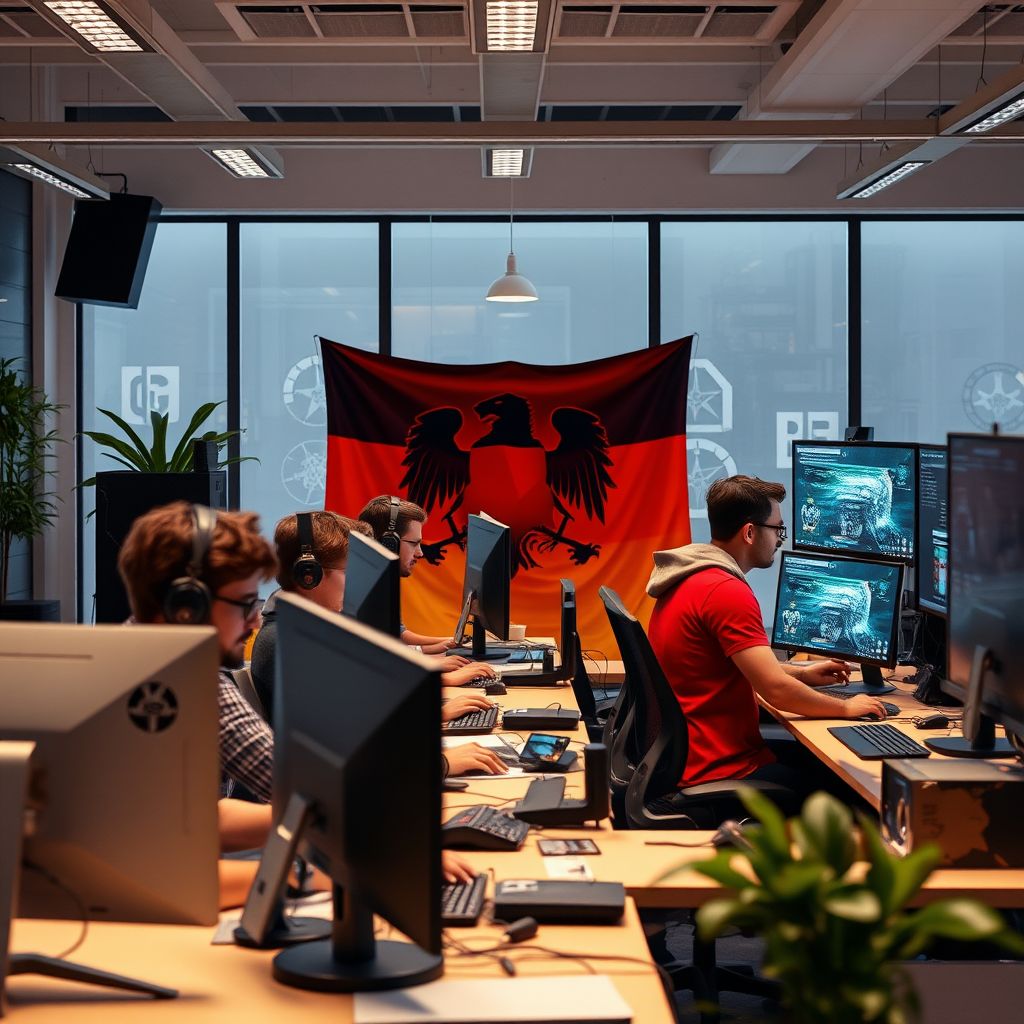 Deutsches Gaming-Studio mit Entwicklern bei der Arbeit, deutsche Flagge im Hintergrund, moderne Büroausstattung und Bildschirme mit Spieleentwicklung, professionelle Arbeitsatmosphäre